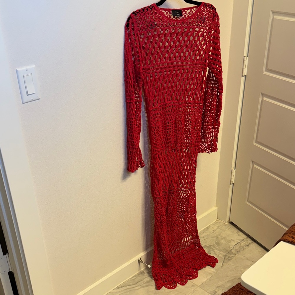 Vince Red Long Sleeve Crochet Dress